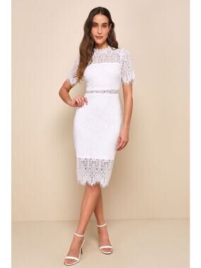NWT Lulus Remarkable White Sheer Lace Short Sleeve Midi Dress Sheath Classy Sz S